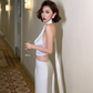 Two Piece Mermaid Halter Satin Open Back Long Prom Dress Vacation Dress SH4317