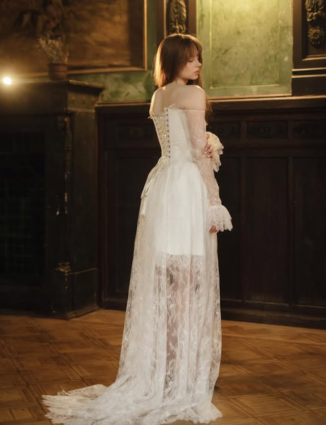 Elegant White A Line Long Sleeve Lace Long Train Prom Dress Evening Dress SH6698