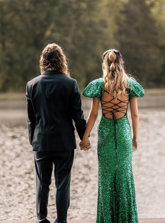 Shiny Green Sequin Sheath Puff Sleeve Backless Long Prom Dress Date Dress SH6509