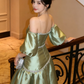 Sage Green A Line Off the Shoulder Beaded Satin Prom Dress Evening Dress SH5523
