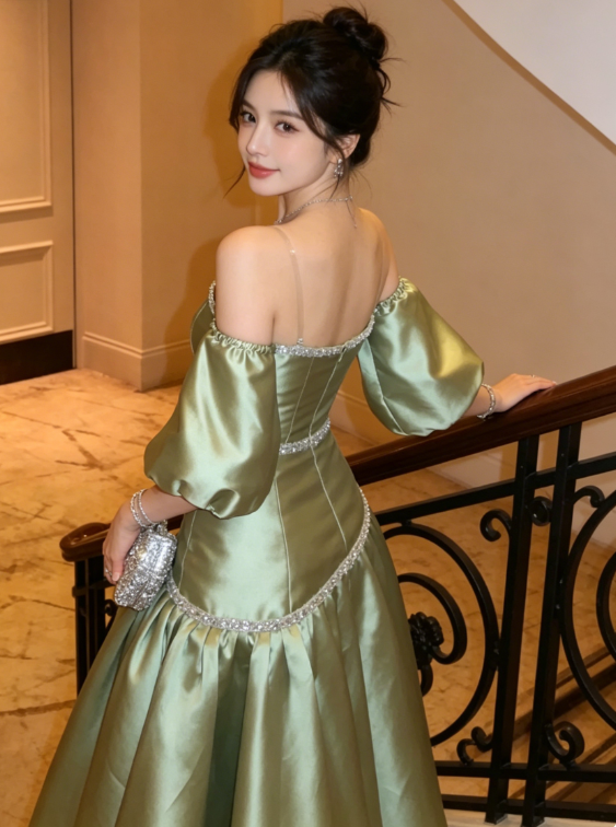 Sage Green A Line Off the Shoulder Beaded Satin Prom Dress Evening Dress SH5523