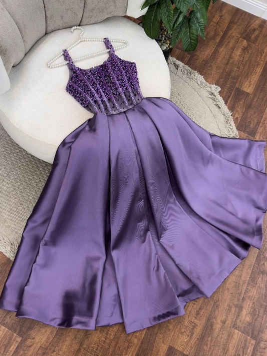Purple A Line Spaghetti Strap Beaded Pearls Satin Long Prom Dress Evening Dress SH2265