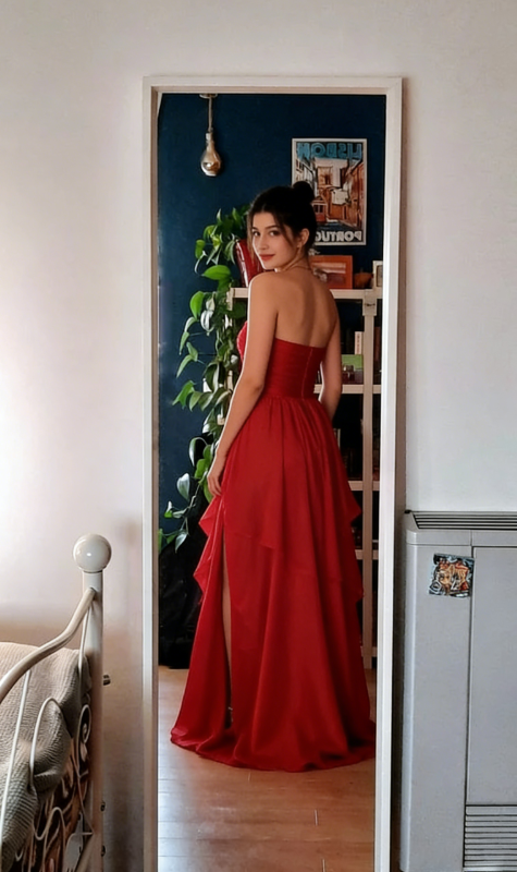 Sexy Red Chiffon Tiered Long Prom Dress A Line Slit Evening Dress SH1495