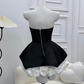 A Line Strapless Flower White Satin Black Velvet Short Homecoming Dress Cocktail Dress SH3119
