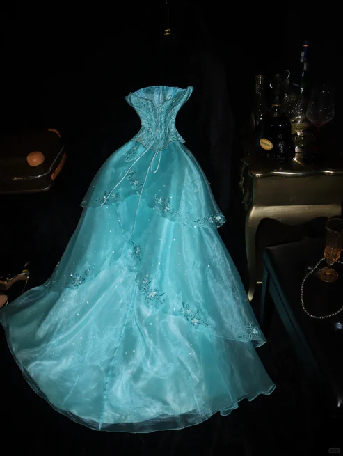 Blue Princess A Line Sweetheart Neck Beaded Layered Organza Prom Dress Wedding Guest Dress SH4538