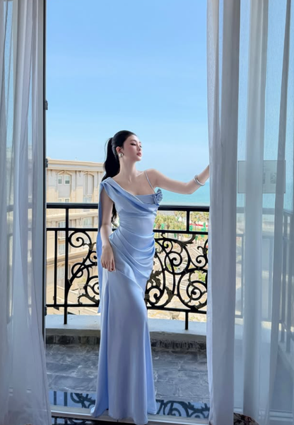 Pretty Blue Sheath Spaghetti Strap Satin Long Prom Dress Evening Dress SH8791