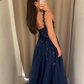 Navy Blue A Line Straps Appliques Lace Tulle Long Prom Dress Party Evening Dress SH5708