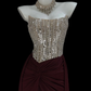 Gentle A Line Strapless Rhinestone Dark Burgundy Satin Long Prom Dress Evening Dress SH5009