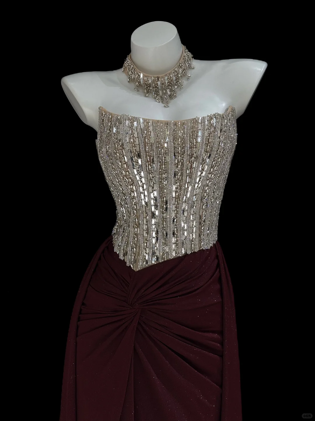 Gentle A Line Strapless Rhinestone Dark Burgundy Satin Long Prom Dress Evening Dress SH5009