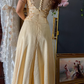 Gold Yellow Vintage Exquisite Beaded Satin Long Prom Dress Wedding Guest Dress SH5385