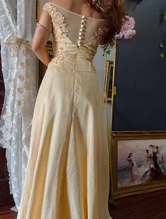 Gold Yellow Vintage Exquisite Beaded Satin Long Prom Dress Wedding Guest Dress SH5385