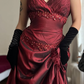 Vintage A Line Straps Appliques Burgundy Satin Prom Dress Evening Dress SH6072