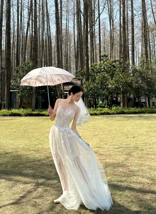 Pretty A Line 3D Floral Tulle Long Prom Dress Wedding Dress SH4200