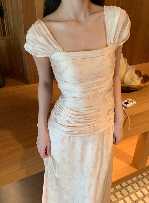 Gentle A Line Straps Print Floral Satin Prom Dress Party Dress Outfits SH5059