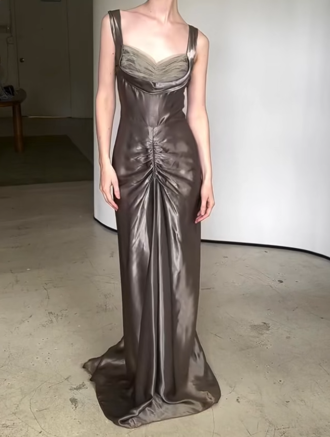Vintage Sheath Straps Brown Tulle Satin Prom Dress Evening Dress SH4246