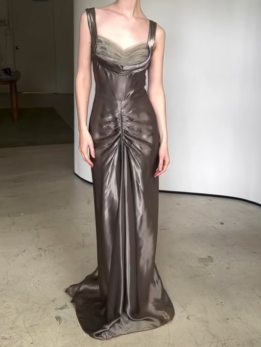 Vintage Sheath Straps Brown Tulle Satin Prom Dress Evening Dress SH4246