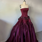 Vintage Burgundy Strapless Beaded Satin Long Prom Dress Party Dress SH5532