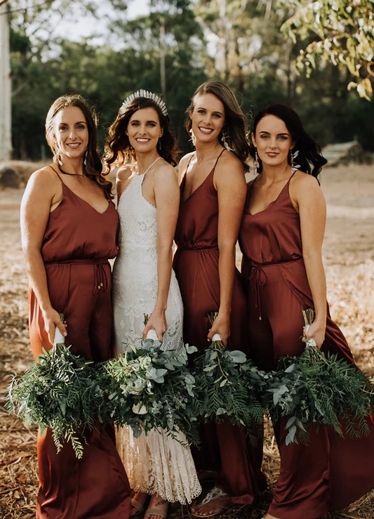 Simple V-neck Spaghetti Strap Column With Side Slit Long Bridesmaid Dresses SH5590