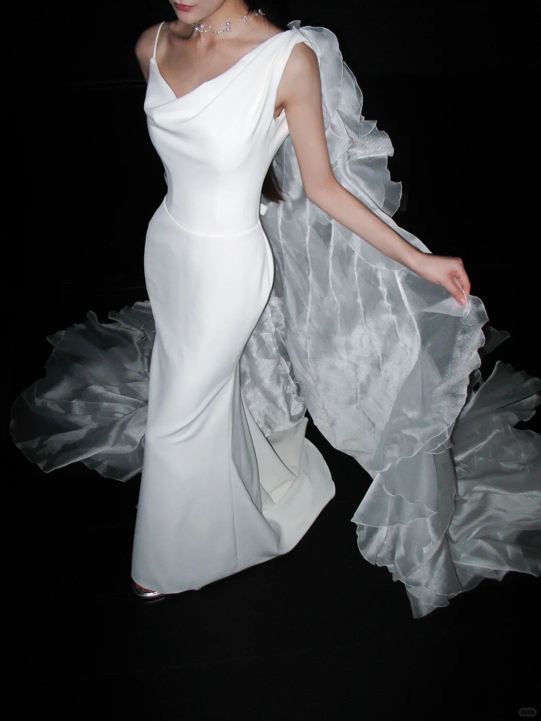 Unique A Line Spaghetti Strap White Ruffle Tulle Satin Long Train Wedding Dress SH8903