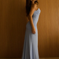 Simple Blue Sheath Strapless Satin Prom Dress Evening Dress with Slit SH6363