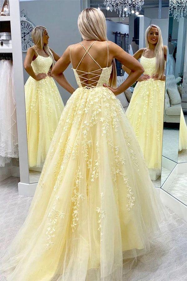 Simple Spaghetti Straps A-Line Lace Appliques Tulle Long Prom Dress KS7930
