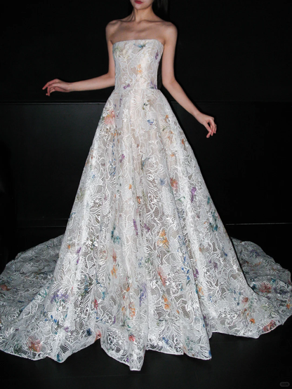 Colorful A Line Strapless White Exquisite Lace Long Wedding Dress SH8882
