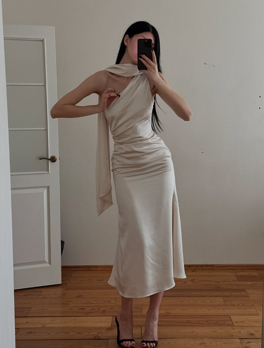 Gentle Simple Mermaid Light Apricot Satin Evening Dress Party Dress Formal Dress SH3954