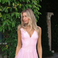 Light Pink A Line V Neck Chiffon Satin Long Prom Dress Evening Dress SH4798