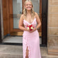 Summer A Line Spaghetti Strap Ruffle Pink Chiffon Prom Dress Evening Dress with Slit SH6215