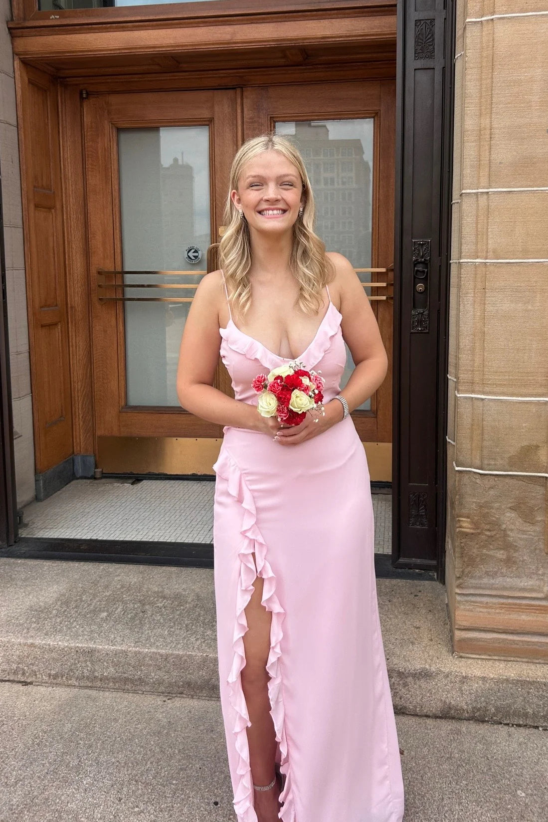 Summer A Line Spaghetti Strap Ruffle Pink Chiffon Prom Dress Evening Dress with Slit SH6215