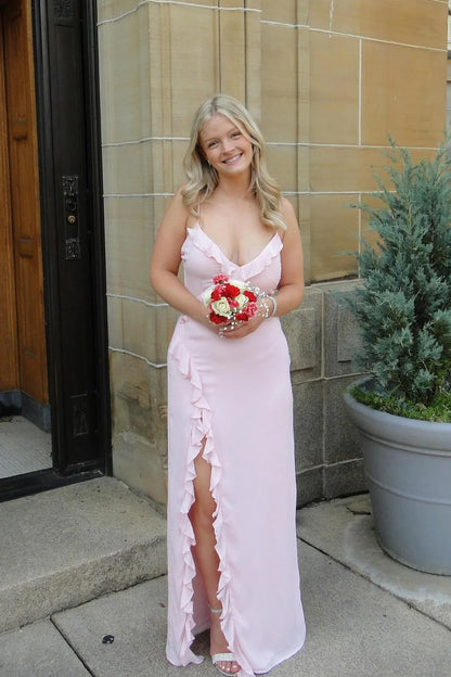 Summer A Line Spaghetti Strap Ruffle Pink Chiffon Prom Dress Evening Dress with Slit SH6215