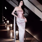 Purple Exquisite Beaded Sheath Strapless Corset Satin Prom Dress Party Dress with Slit SH3759