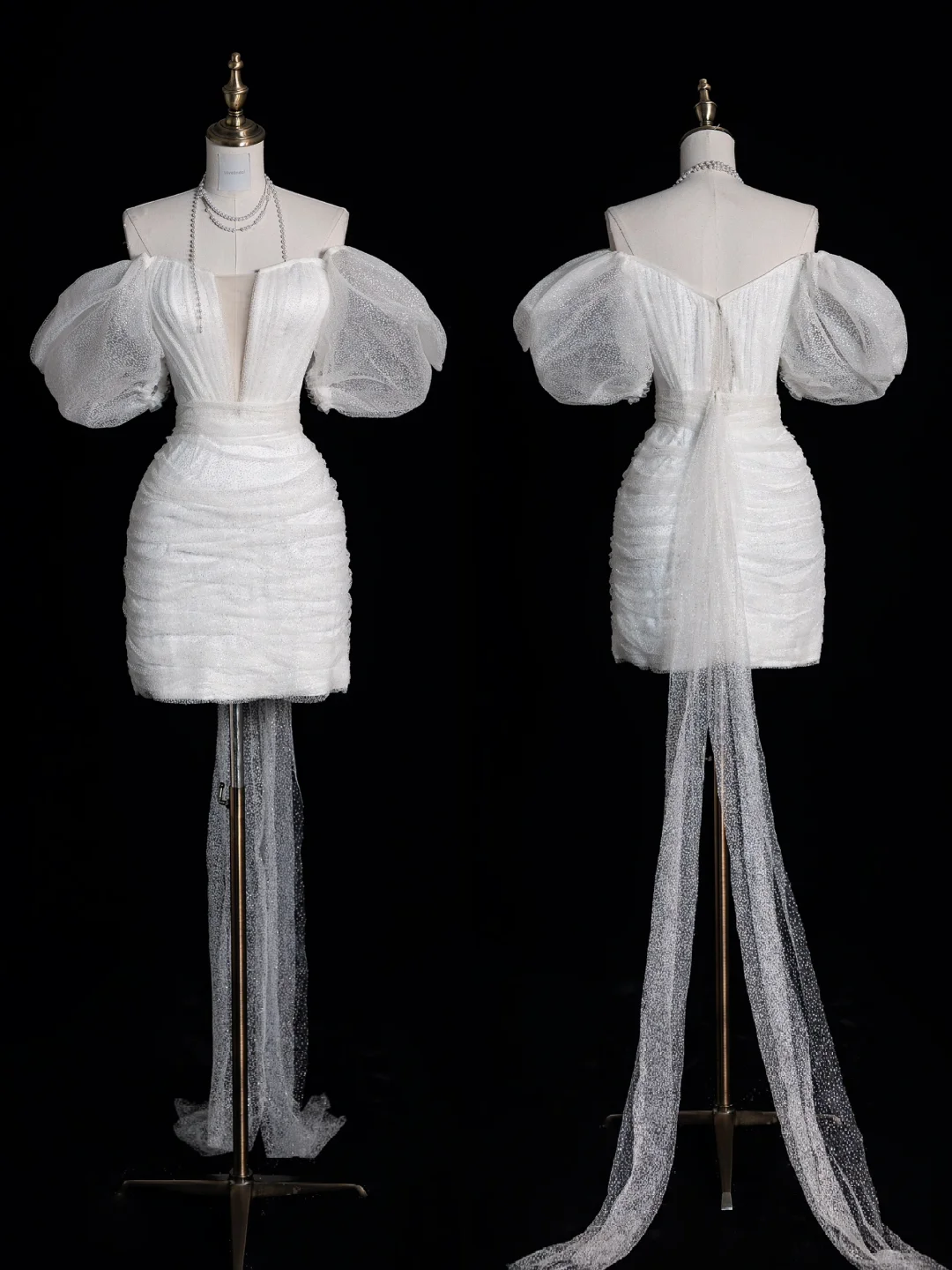 Cute Sheath Puff Sleeve White Tulle Short Prom Dress Graduation Prom Dress SH2473