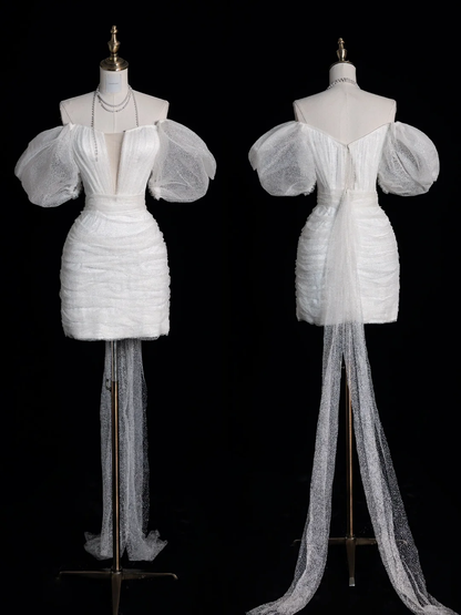 Cute Sheath Puff Sleeve White Tulle Short Prom Dress Graduation Prom Dress SH2473