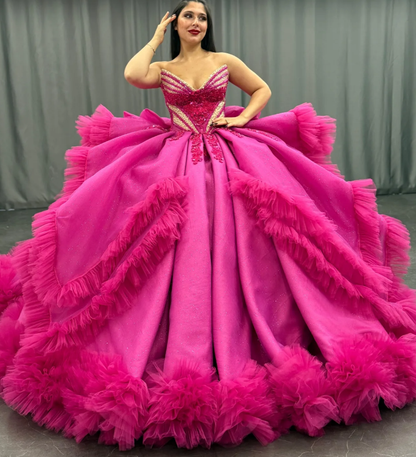 Princess Hot Pink Quinceanera Dresses Beaded Appliques Tulle Sweet 16 Party Prom Ball Gown SH3271