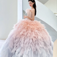 Cute A Line Strapless Corset Feather Pink Tulle Long Prom Dress Evening Dress SH2996