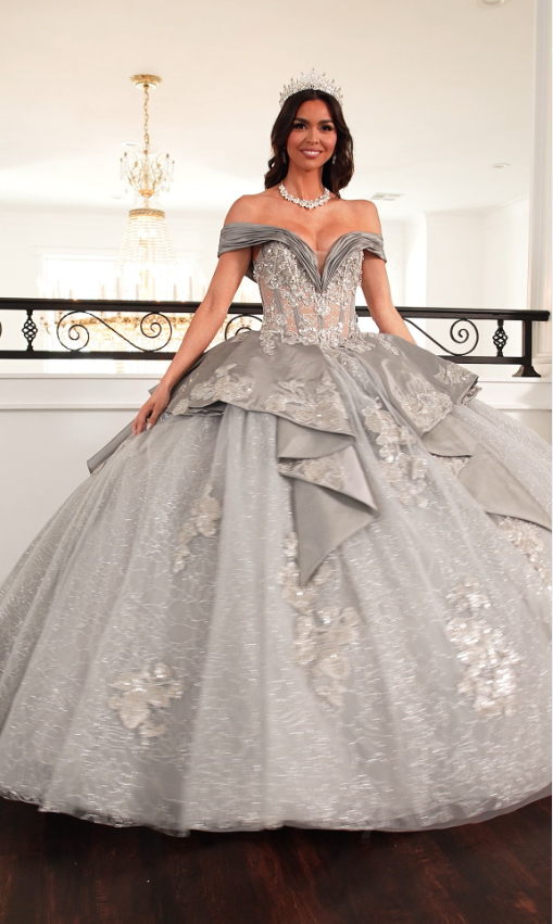 Silver Ball Gown Applique Lace Sequin Tulle Satin Long Prom Dress Quinceanera Dress SH5166
