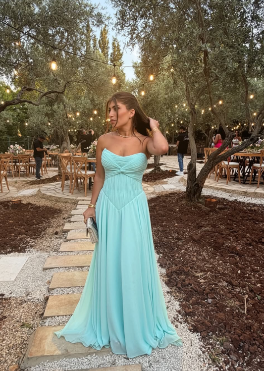 Blue A Line Strapless Pleated Chiffon Long Prom Dress Evening Dress SH6532