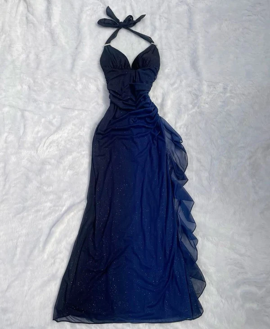 Halter Ombre Navy Blue Long Chiffon Prom Dress  SH1157