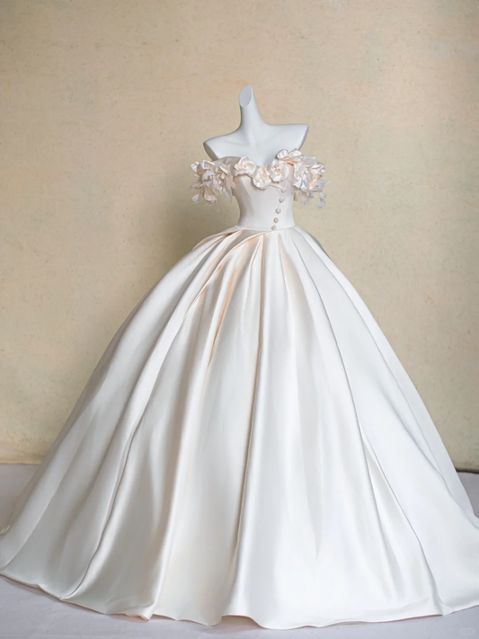 Elegant Ball Gown Off the Shoulder Floral Ivory Satin Prom Dress Wedding Dresses SH4589