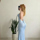 Summer Baby Blue Sheath Spaghetti Strap Print Satin Prom Dress Evening Dress SH6891