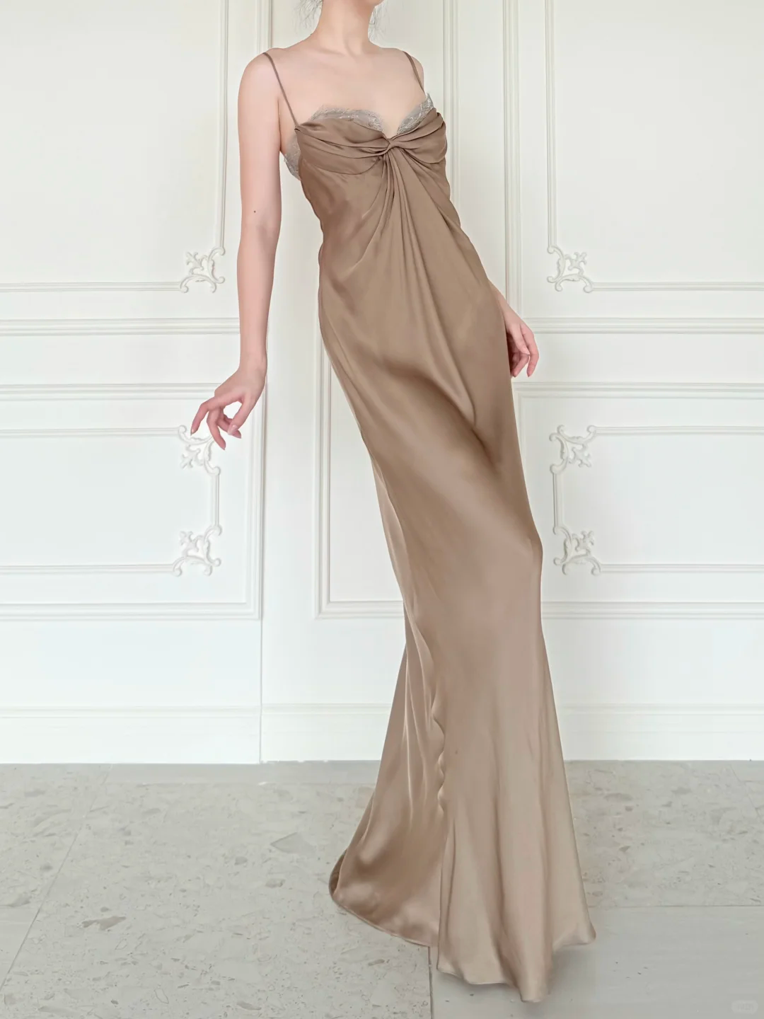 Simple Sheath Spaghetti Strap Brown Satin Long Prom Dress Evening Dress SH6764