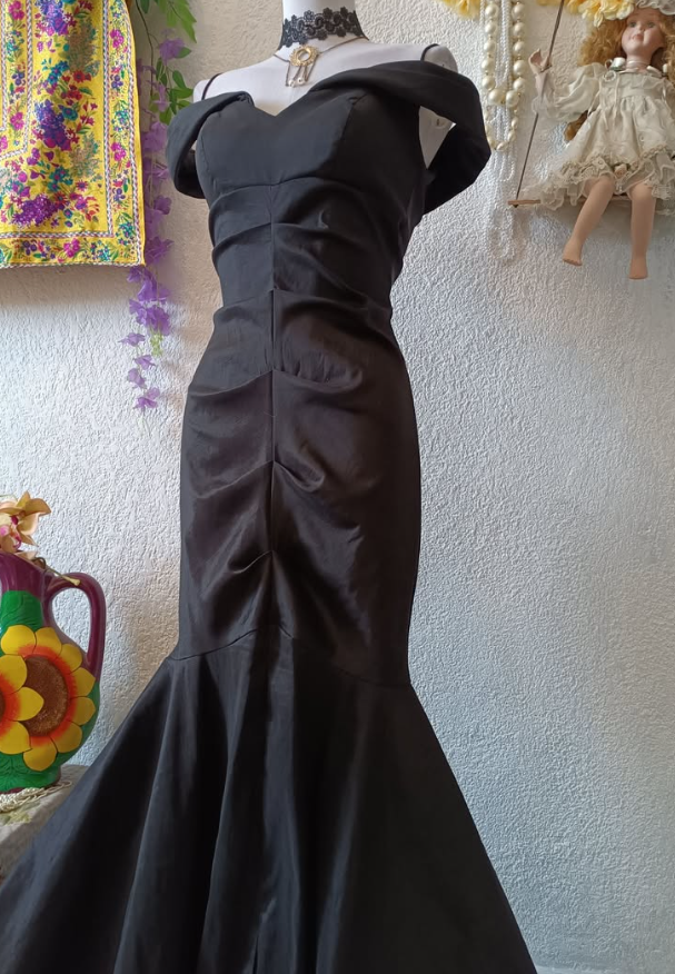 Sexy Mermaid Off the Shoulder Black Satin Long Sweep Prom Dress Evening Dress SH2091