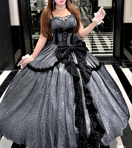 Stunning Black Bow A Line Sequin Lolita Goth Boning Dress Prom Dress SH4912
