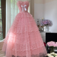 Cute A Line Sweetheart Neck Pink Layered Lace Tulle Long Party Dress Birthday Dress SH2941