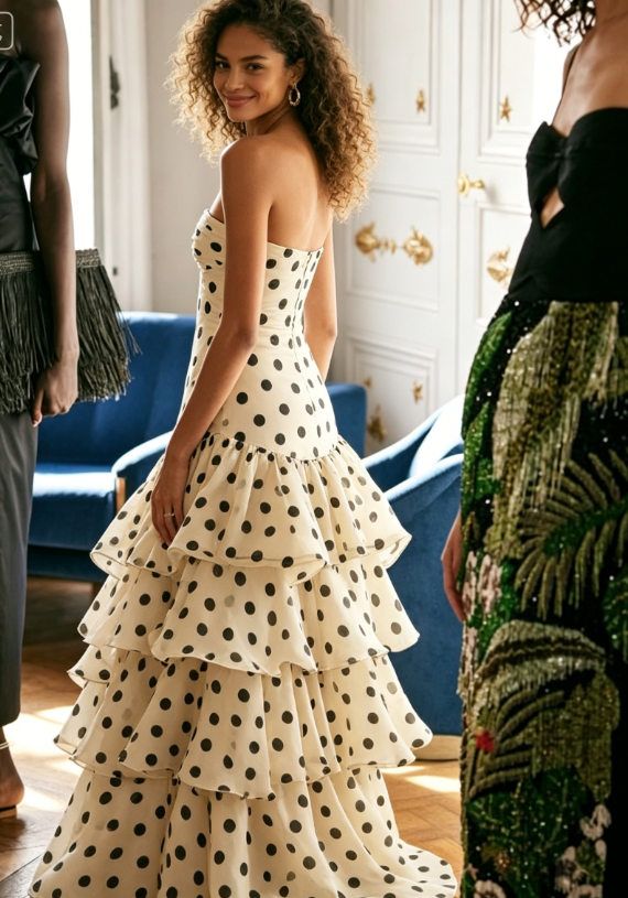 Classic Polka Dot A Line Sweetheart Neck Layered Chiffon Prom Dress SH5428