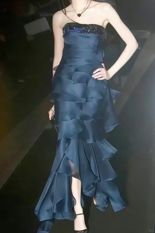 Navy Blue Mermaid Strapless Layered Chiffon Long Evening Dress Prom Dress SH4950