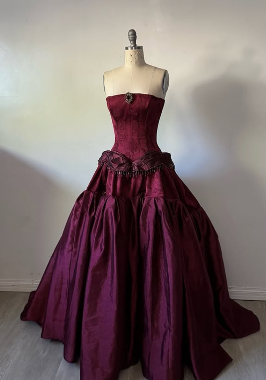 Vintage Burgundy Strapless Beaded Satin Long Prom Dress Party Dress SH5532
