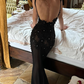 Sexy Mermaid Straps Appliques Rhinestone Black Tulle Open Back Evening Dress Prom Dress SH1937