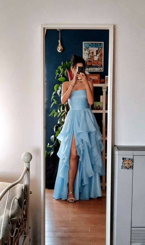 Sexy Red Chiffon Tiered Long Prom Dress A Line Slit Evening Dress SH1495